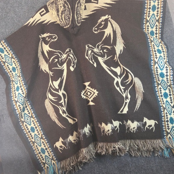 Southwestern Horse Hooded Poncho Blanket Shawl Fringe Cape Western Aztec Boho - Picture 11 of 16